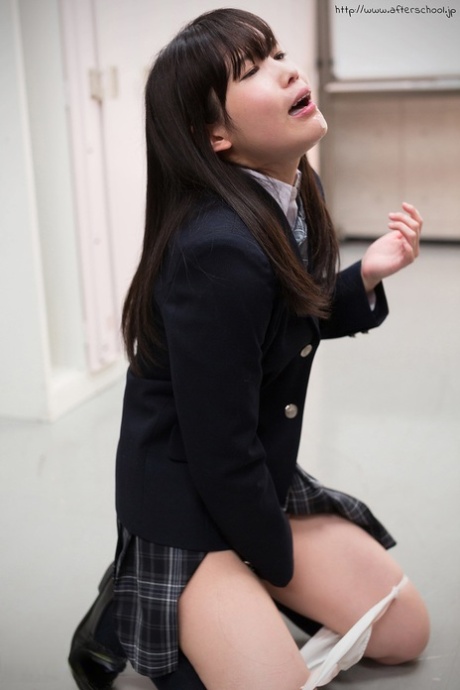 Japanese schoolgirl sucks cock after masturbating with panties pulled down