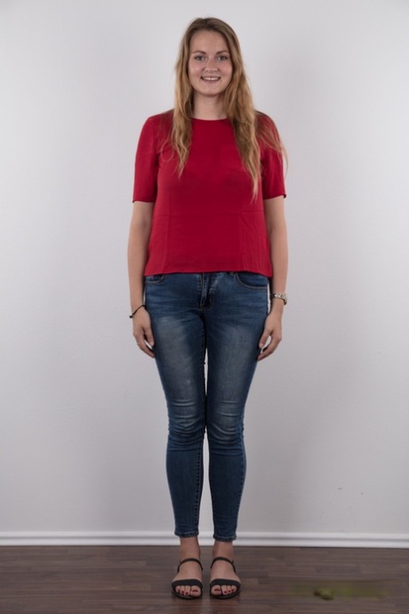 Chubby teen stands fully clothed before doing the same without any clothes on