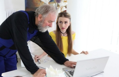 Slender teen realizes her kinky sex fantasy of fucking a really old man
