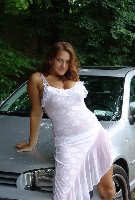 Young solo girl Jana Kucova releases her huge boobs near a forest
