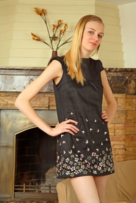 Long-legged 18 year old Josephine K cast of a dress to model entirely naked