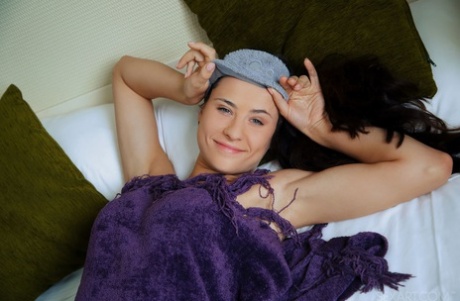 Beautiful brunette teen Mara Blake plays with her pussy after getting naked