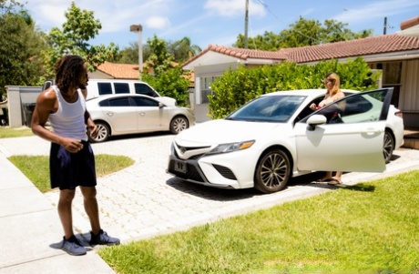 Big titted Latina girl Crystal Chase invites a black dude inside for sex