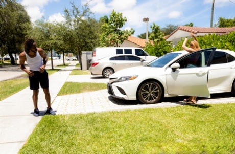 Big titted Latina girl Crystal Chase invites a black dude inside for sex