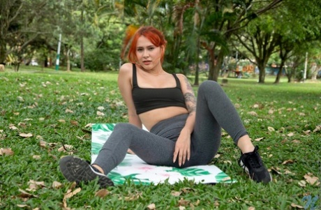 Hot girl Violet Prydz flashes her tits in a park before a finger fuck at home