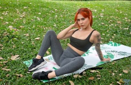 Hot girl Violet Prydz flashes her tits in a park before a finger fuck at home