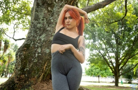 Hot girl Violet Prydz flashes her tits in a park before a finger fuck at home
