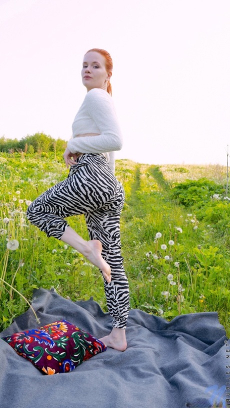 Pale redhead Fox Eva masturbates with a vibrator on a blanket in the outdoors