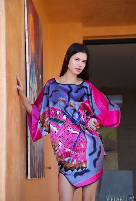 Dark haired teen Evelin Elle casts off a dress to model in the nude
