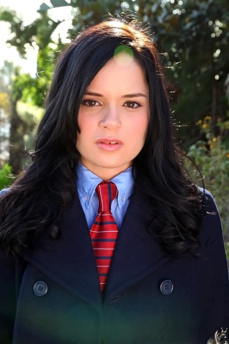 Cute teen in school uniform Jenna Ross uncovering her slim body outdoor