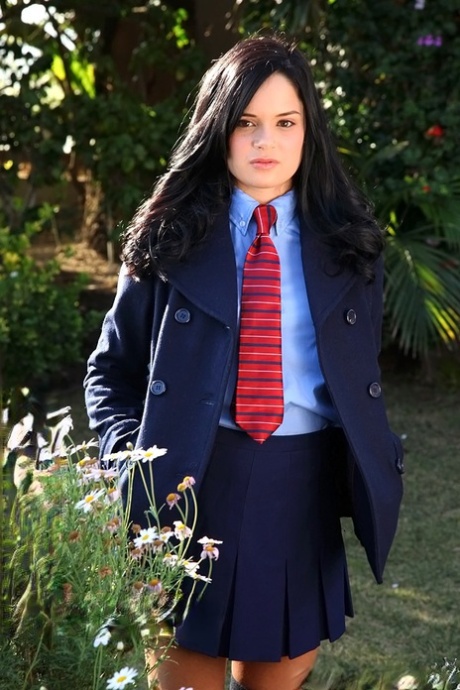 Cute teen in school uniform Jenna Ross uncovering her slim body outdoor