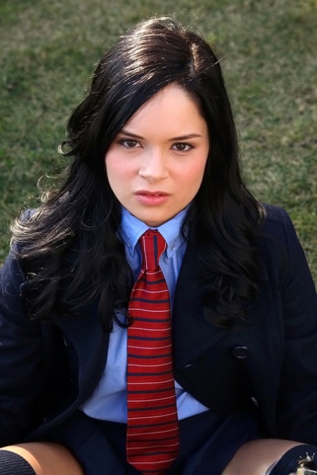 Cute teen in school uniform Jenna Ross uncovering her slim body outdoor