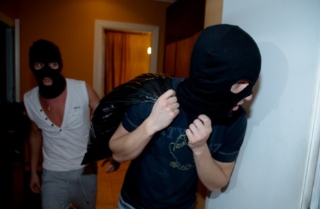 Teen Galine gets woken up, fucked and facialed by two crazy thieves