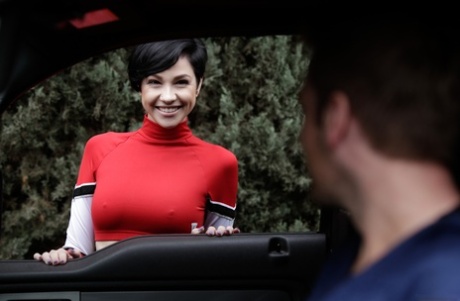 Short haired brunette Cadey Mercury gets banged after hitching a ride