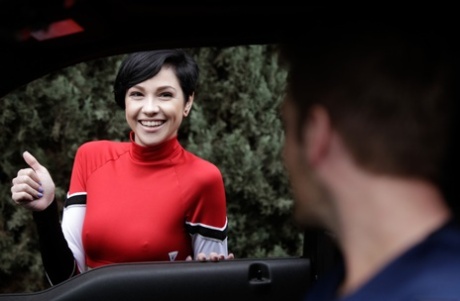 Short haired brunette Cadey Mercury gets banged after hitching a ride