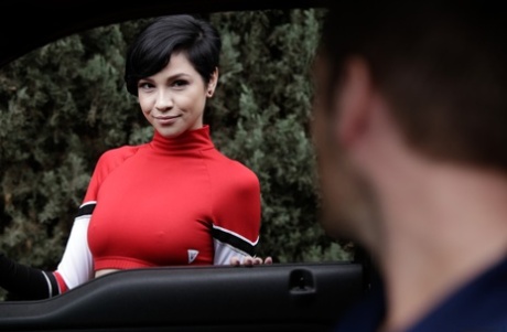 Short haired brunette Cadey Mercury gets banged after hitching a ride