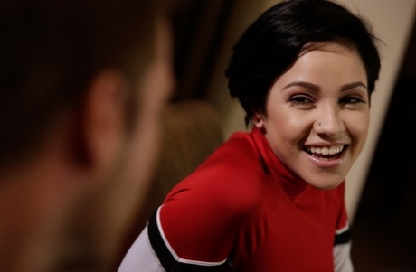 Short haired brunette Cadey Mercury gets banged after hitching a ride