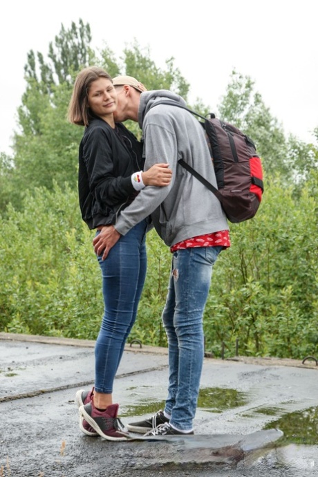 Brunette with small tits Grace Carson rides a boner in the middle of a road