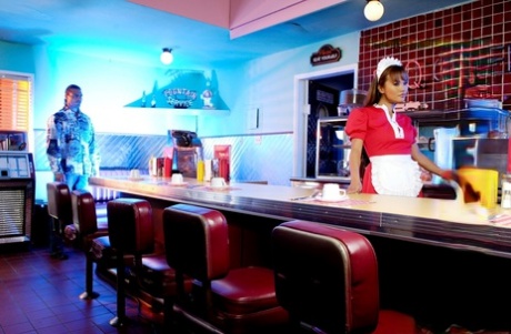 Hot Asian bartender Mia Smiles gets boned by a horny customer at the bar