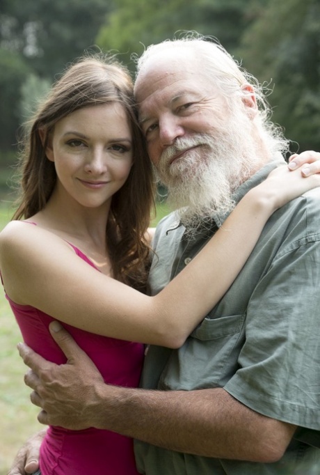 Slim brunette teen Rebecca Ruby gets her twat stuffed by an old man on a swing