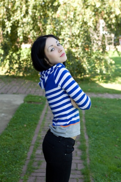 Sweet teen Night A strips to lingerie and flaunts her bushy muff in a solo