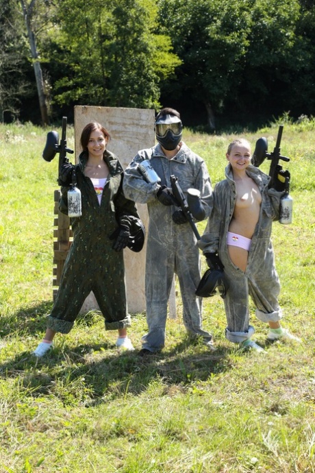 Paintball players Lady Bug & Heather Harris get involved in an outdoor 3some