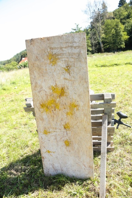 Paintball players Lady Bug & Heather Harris get involved in an outdoor 3some