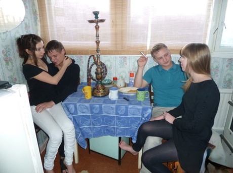 Horny teens Marry Dream and Zhenia switch their boyfriends and enjoy a 4some