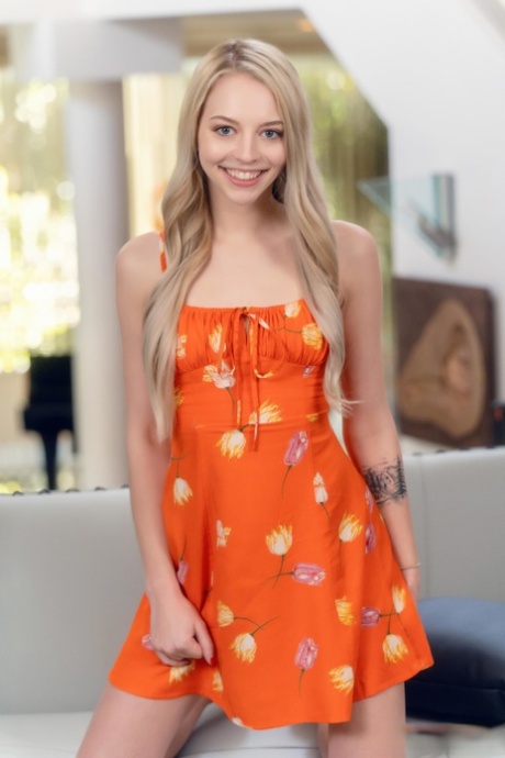 Skinny teen Lily Larimar exposes her tiny titties and gets rammed on a couch