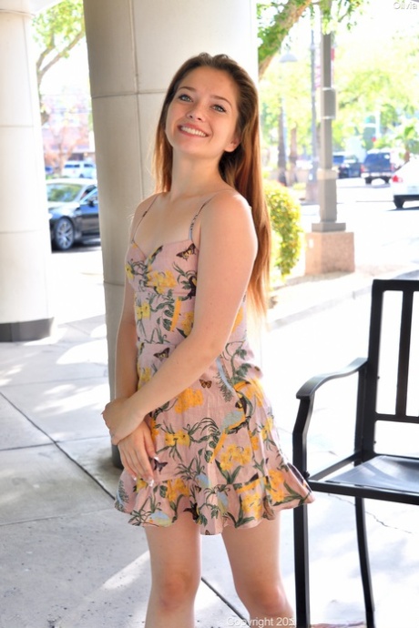 Glamour babe Olivia shows her sweet tits & flashes an upskirt in public