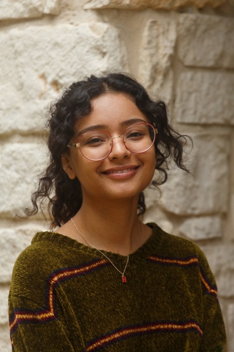 Cute teen in glasses Renee Macias shows her sweet bum and small boobs