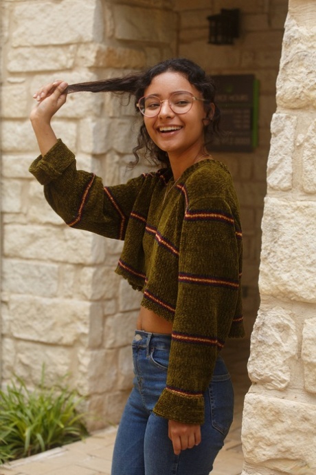 Cute teen in glasses Renee Macias shows her sweet bum and small boobs