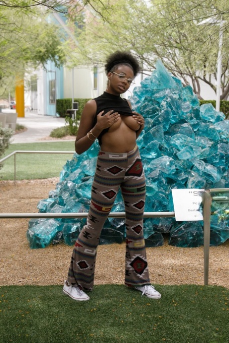 Naughty ebony babe Neda Marie exposes her natural tits & her hot ass in public