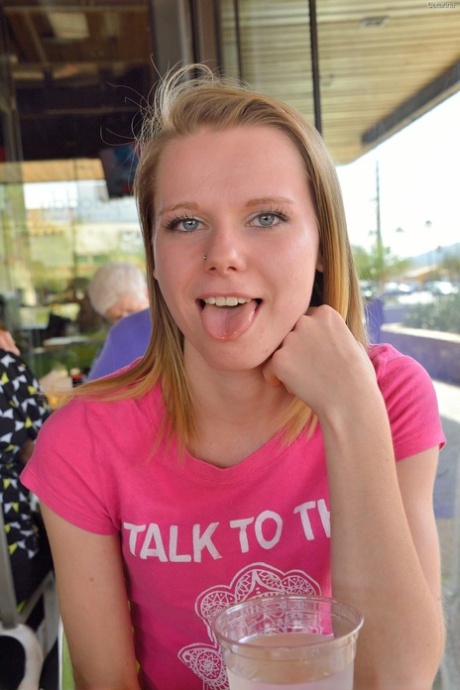 Sweet skinny teen Catarina unveils her tiny tits and tasty clam at the park