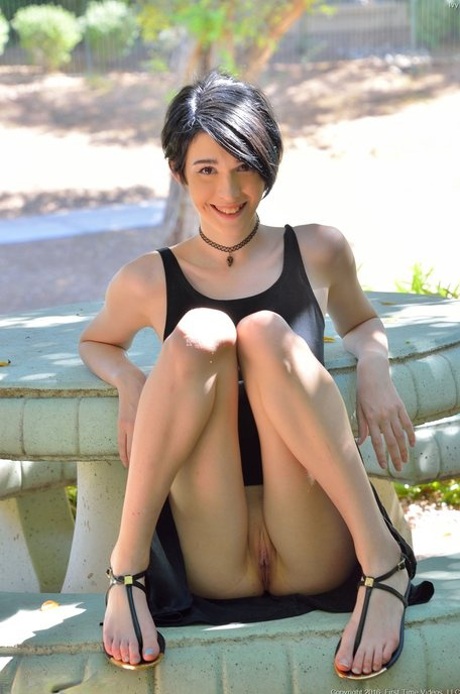Cutie with small breasts Ivy sticks fruits in her shaved vagina in public